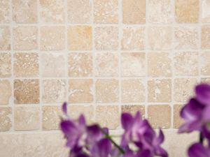 Des fleurs violettes sur fond de mosaïque en travertin beige-brun