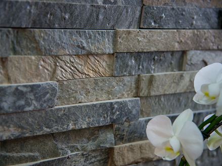 Une orchidée blanche devant un mur en plaquettes de parement Deoli Green