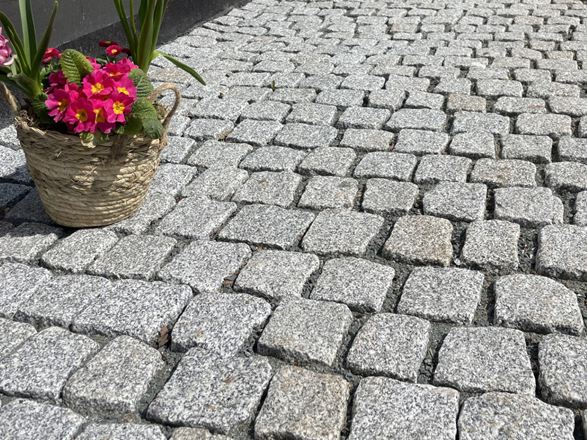 pierre_de_pavage_granit Silver_Rustice_entrée_proche_des_fleurs