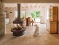 Travertin Light : des tons beiges clairs à la lumière du soleil Carrelage travertin Light dans le salon avec cheminée et chien