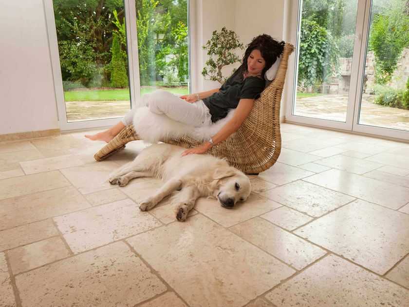 Femme sur un fauteuil roulant avec un chien, carrelages en travertin Light