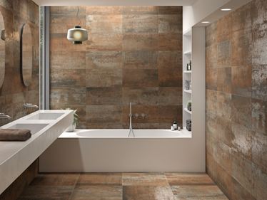 Les carreaux imitation béton Iron Copper pour un effet métallique dans la salle de bain